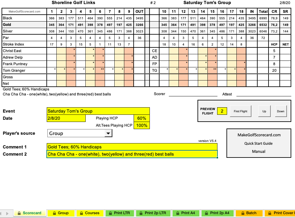 golf tournament scorecard Excel template