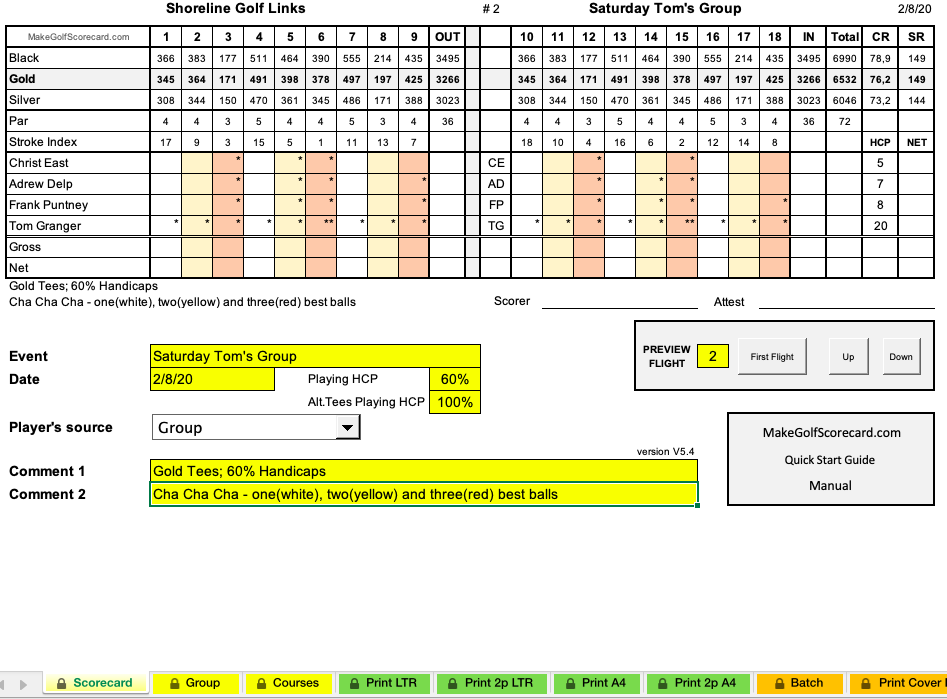 Golf Tournament Scorecard Template